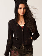BEERBRO Devil Horn Open Knit Cardigan in Black - On Female Model
