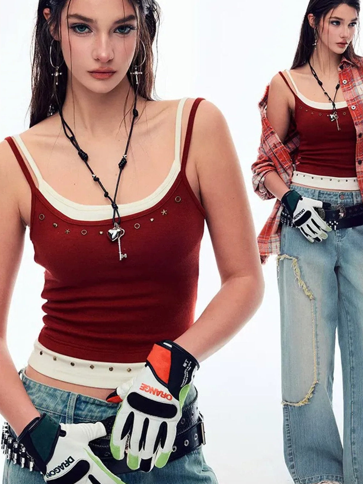 BeerBro Rhinestone Leopard Trim Camisole in Burgundy - On Female Model
