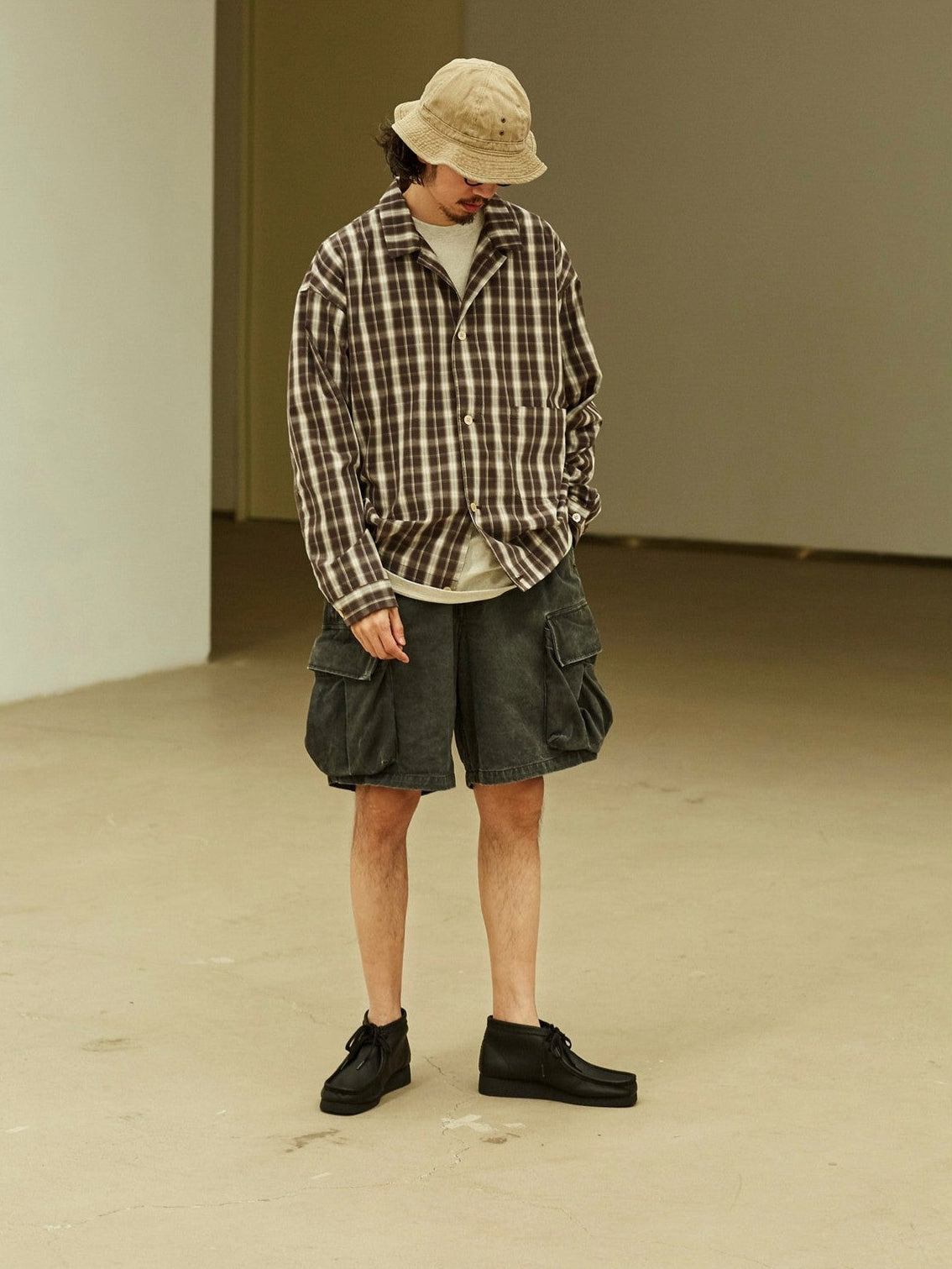 USAGE Gradient Plaid Cotton Blouson in Brown - On Male Model