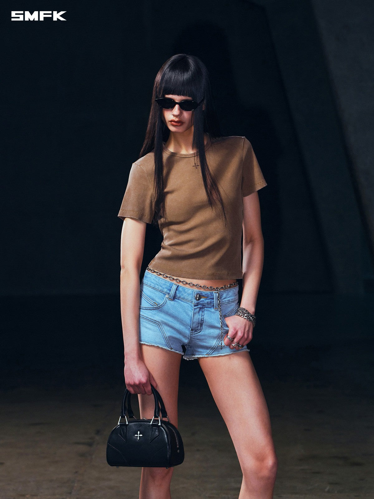 SMFK Silk Blend Short Sleeve Crop Top in Brown - On Female Model