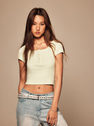 BEERBRO Faux Layered Knit Henley Crop Top in Mint - On Female Model