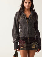 BEERBRO Mock Layer Cotton Biker Jacket in Gray - On Female Model