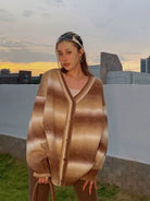 BeerBro Gradient Striped Knit Cardigan in Brown - On Female Model