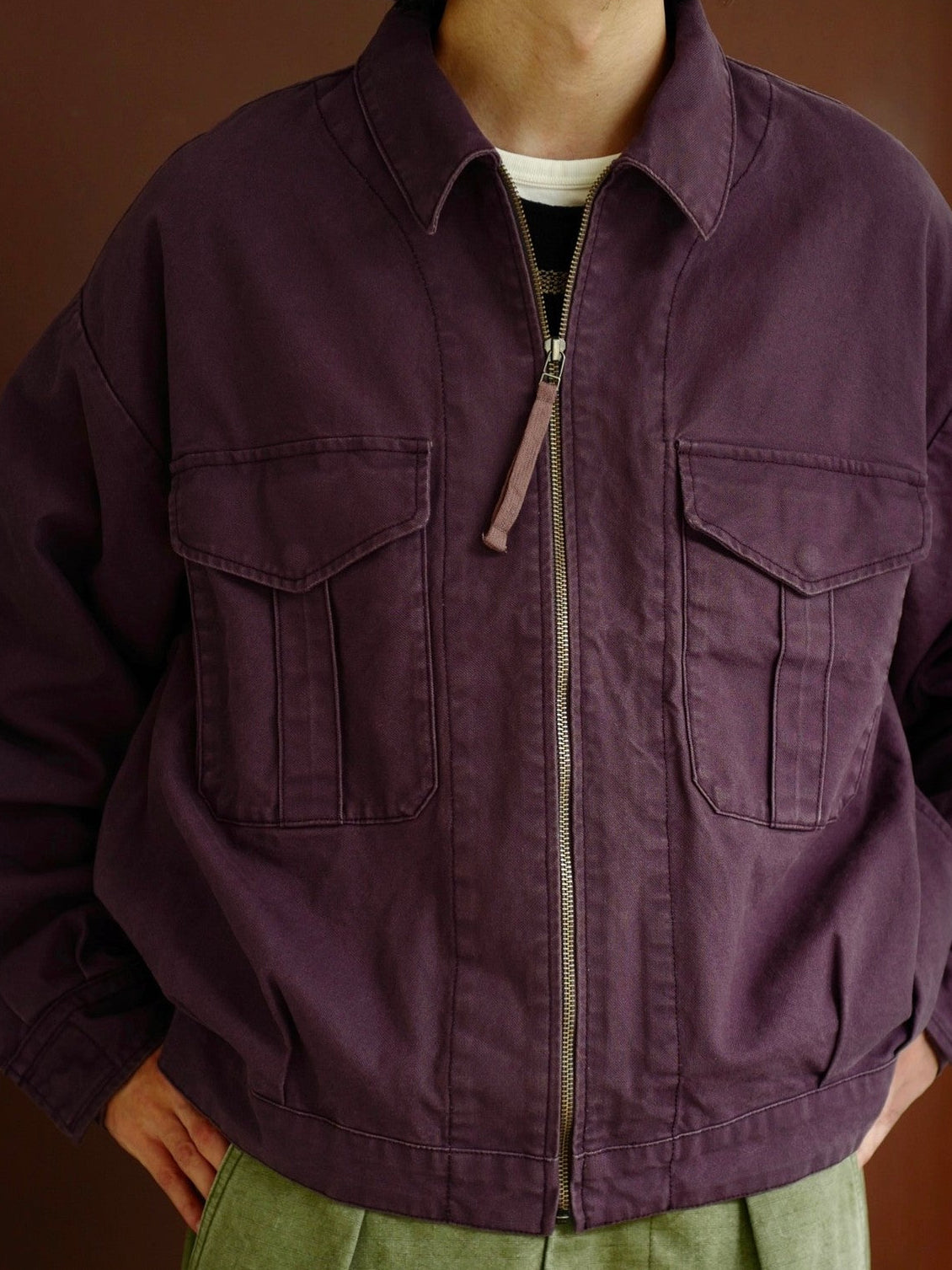 USAGE Heavyweight Canvas Cropped Workwear Jacket in Purple - On Male Model