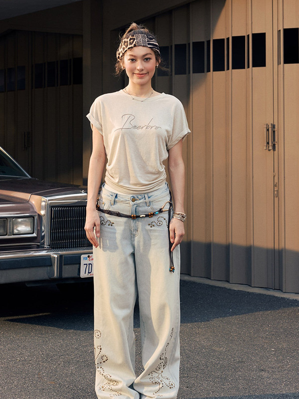 BEERBRO Embroidered Tencel Cinched Tee in Cream - On Female Model