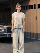 BEERBRO Embroidered Tencel Cinched Tee in Cream - On Female Model