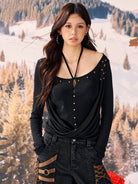 BEERBRO Lyocell Crossover Cowl Neck Top in Black - On Female Model