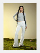 BeerBro Ruched Waist Stretch Flared Pants in Gray - On Female Model