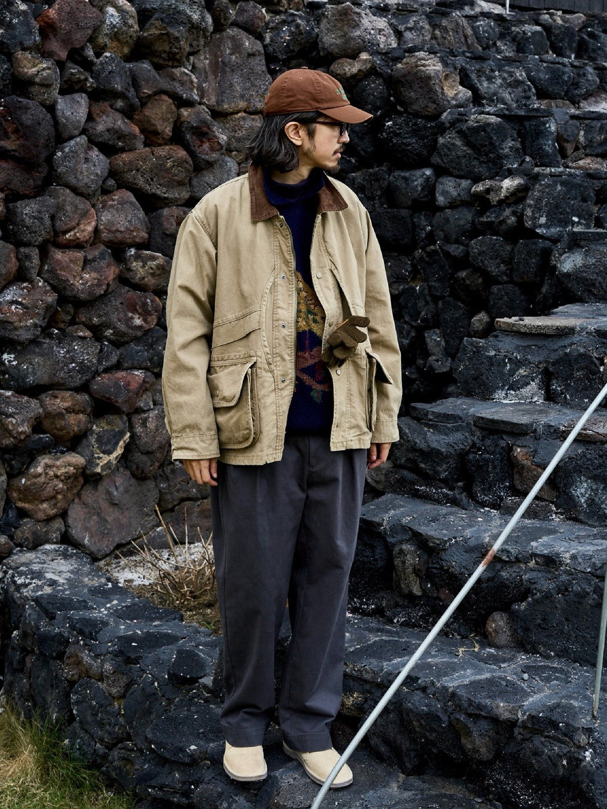 USAGE Heavyweight Cotton Canvas Barn Jacket in Beige - On Male Model