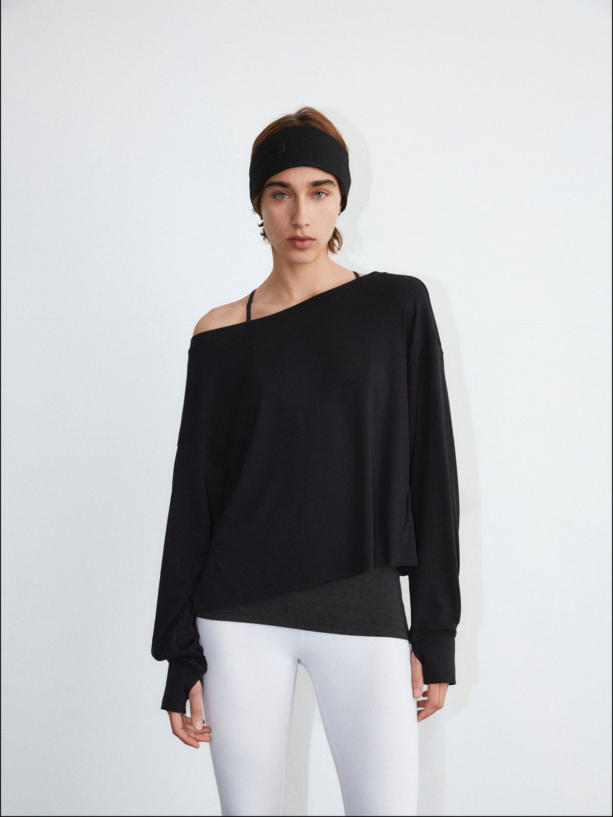 FaxCopyExpress Off Shoulder Overlay Sweatshirt in Black - On Female Model