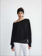 FaxCopyExpress Off Shoulder Overlay Sweatshirt in Black - On Female Model