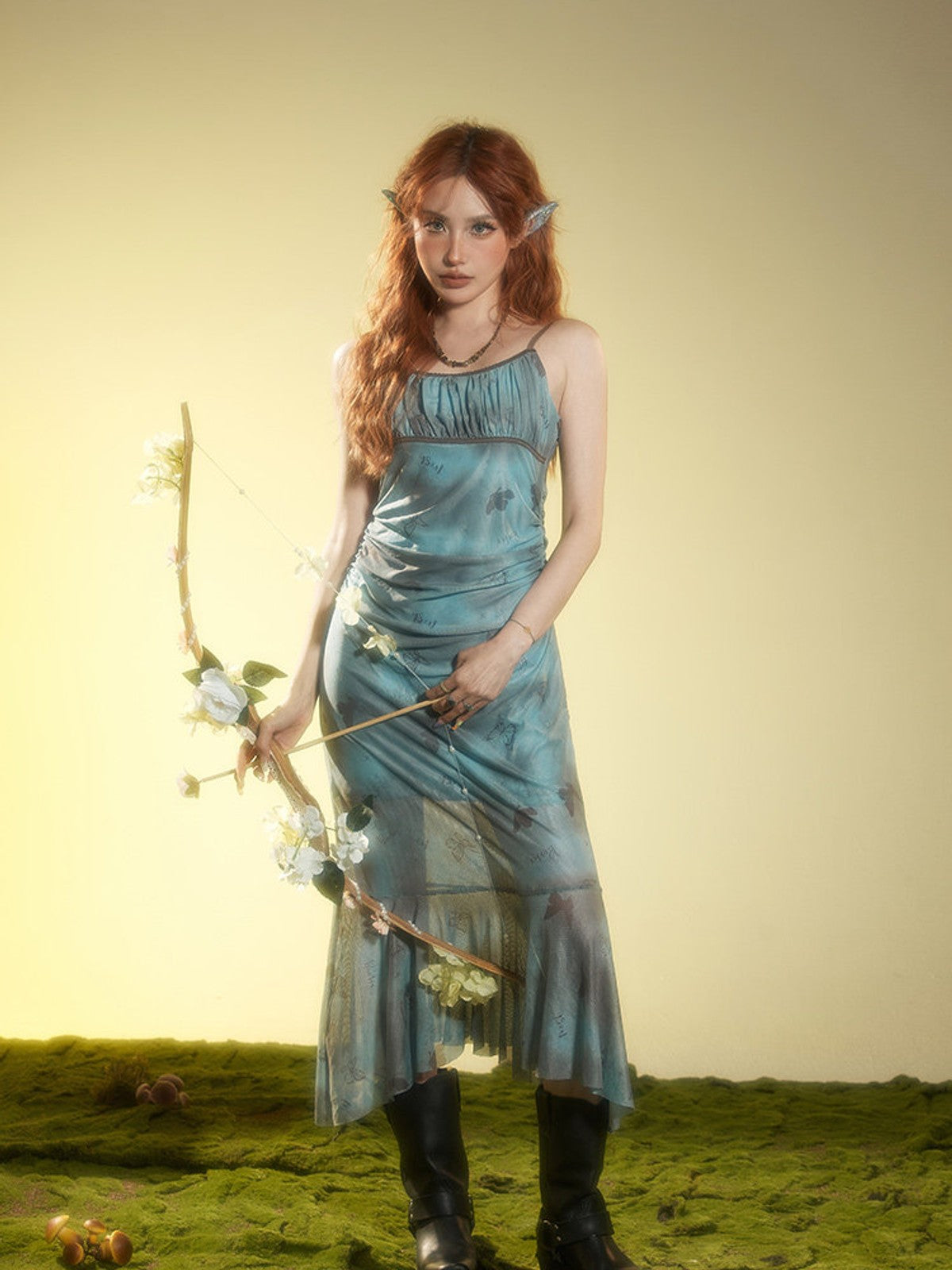 BEERBRO Butterfly Print Mesh Cami Dress in Teal - On Female Model