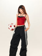 BEERBRO Drawstring Wide Leg Parachute Pants in Black - On Female Model