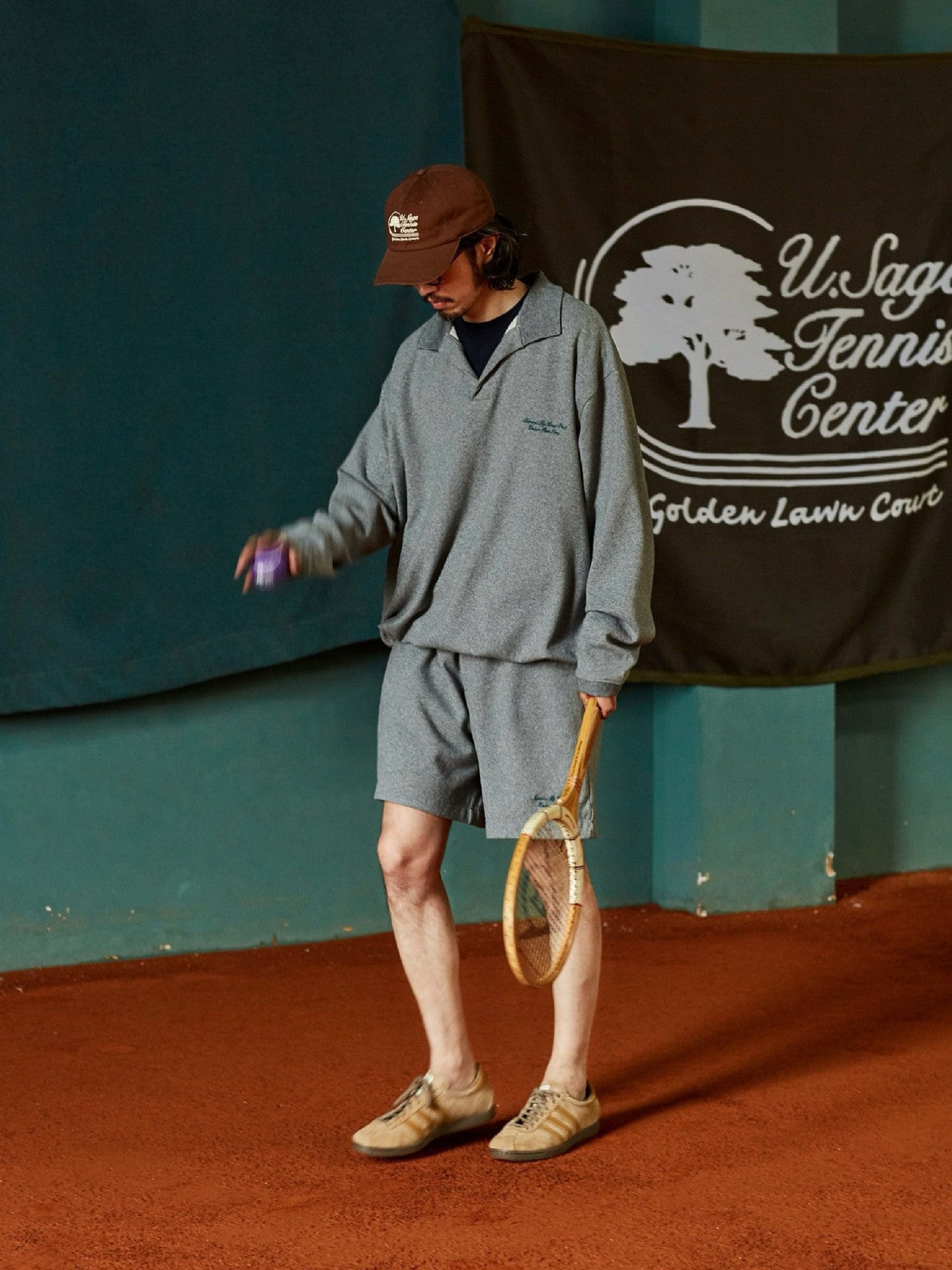 USAGE Oversized Textured Long Sleeve Polo in Gray - On Male Model