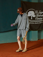 USAGE Oversized Textured Long Sleeve Polo in Gray - On Male Model