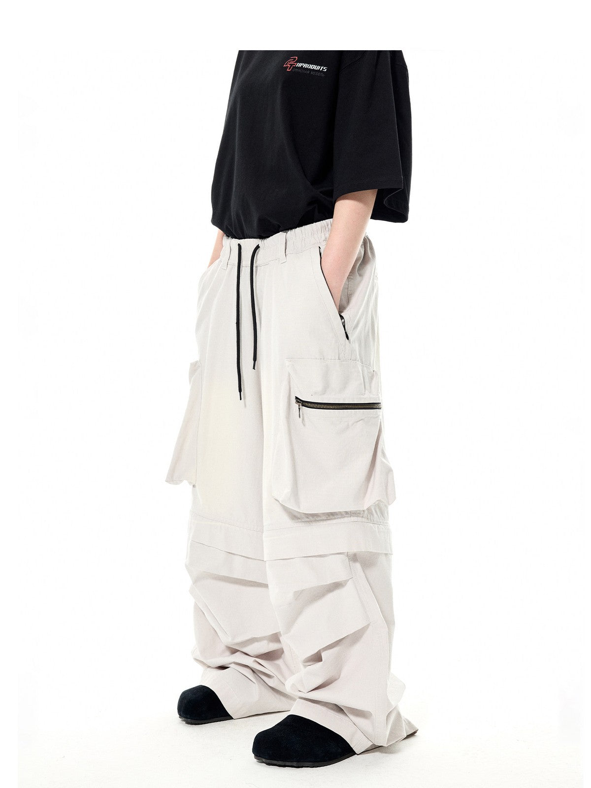 UNKNOWNWORLD Detachable Wide Leg Cargo Pants in Gray - On Model