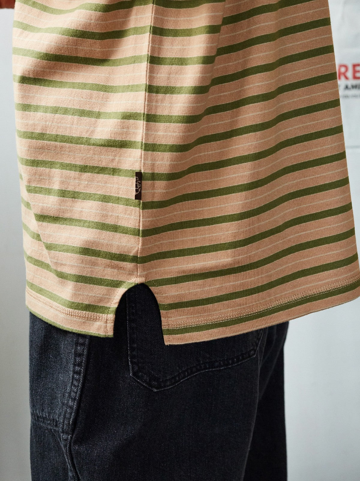USAGE Retro Striped Cotton T Shirt in Pink - On Model