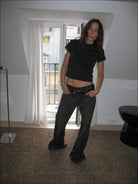 FaxCopyExpress Curved Panel Dirty Wash Jeans in Gray - On Female Model