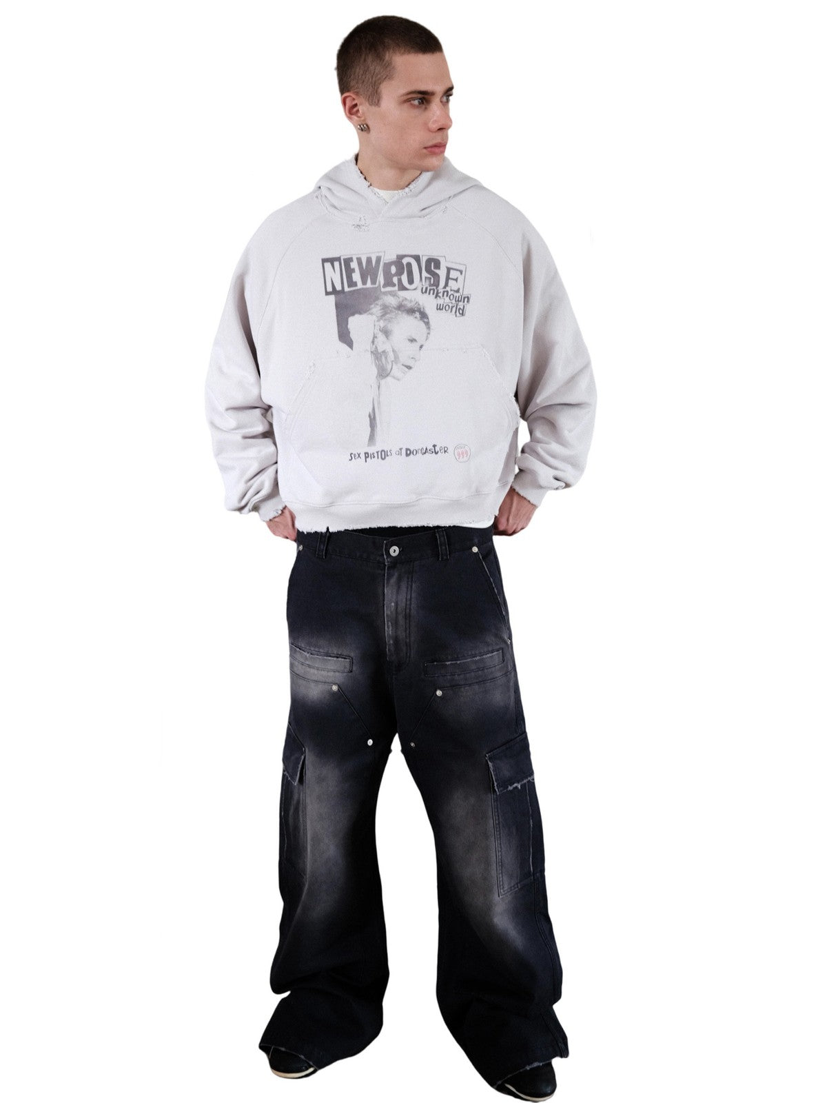 UNKNOWNWORLD Distressed Punk Print Hoodie in Gray - On Male Model