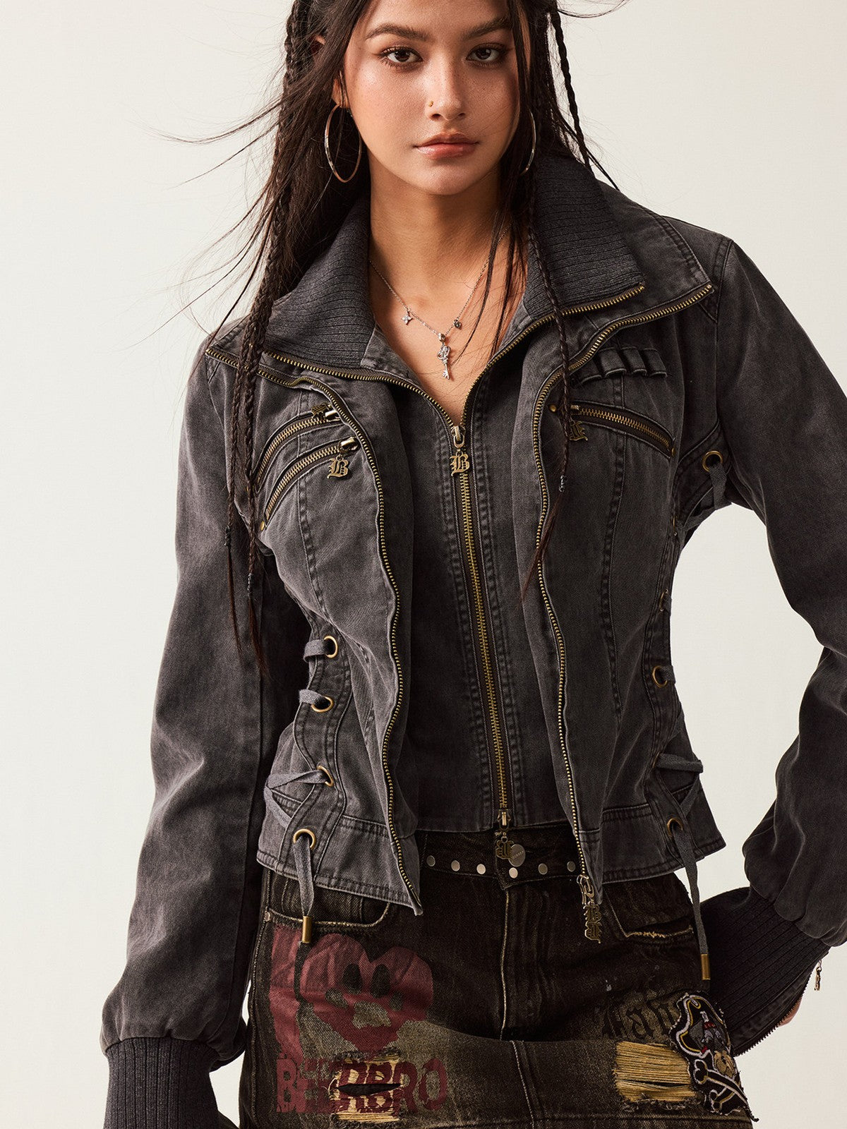 BEERBRO Mock Layer Cotton Biker Jacket in Gray - On Female Model