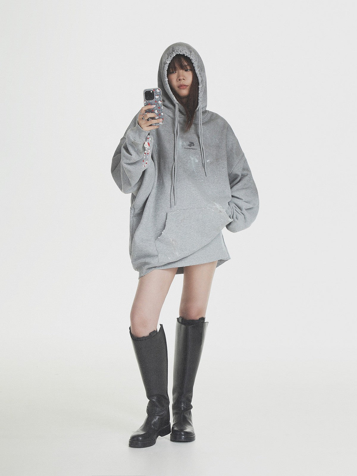 MASONPRINCE Distressed Painted Zip Up Hoodie in Gray - On Female Model