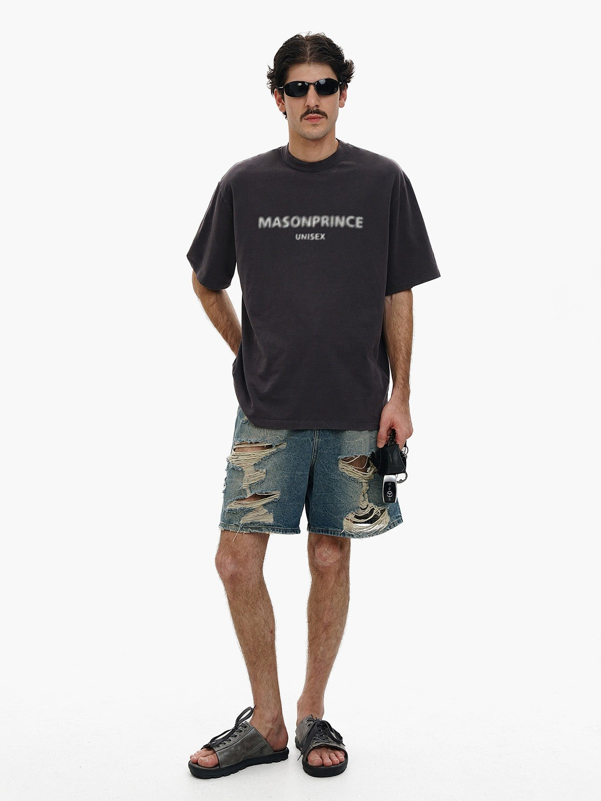 MASONPRINCE Washed Distressed Denim Shorts in Denim - On Male Model