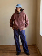 USAGE Vintage Washed Double Layer Zip Hoodie in Burgundy - On Male Model