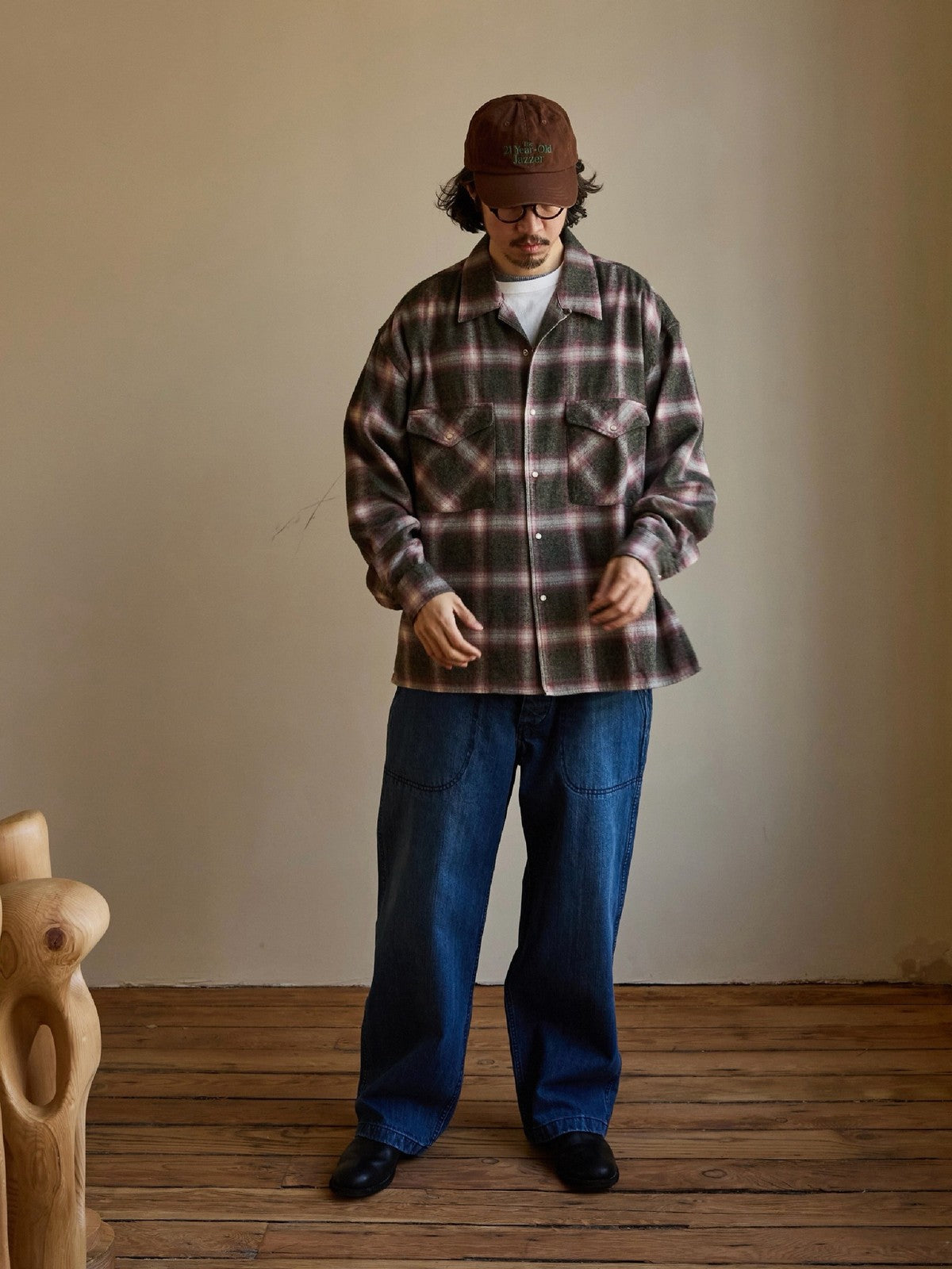 USAGE Brushed Plaid Western Shirt in Olive - On Male Model