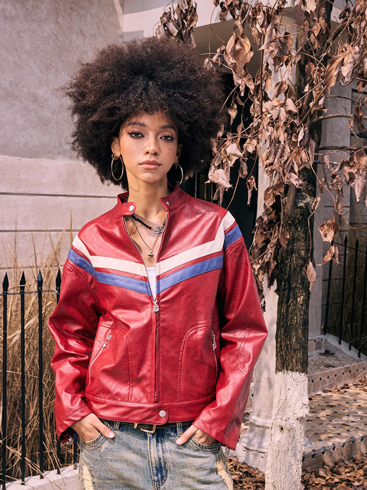 BEERBRO Contrast Stripe Leather Jacket in Red - On Female Model