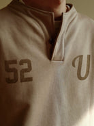 USAGE Terry Cotton Henley Sweatshirt in Beige - On Male Model