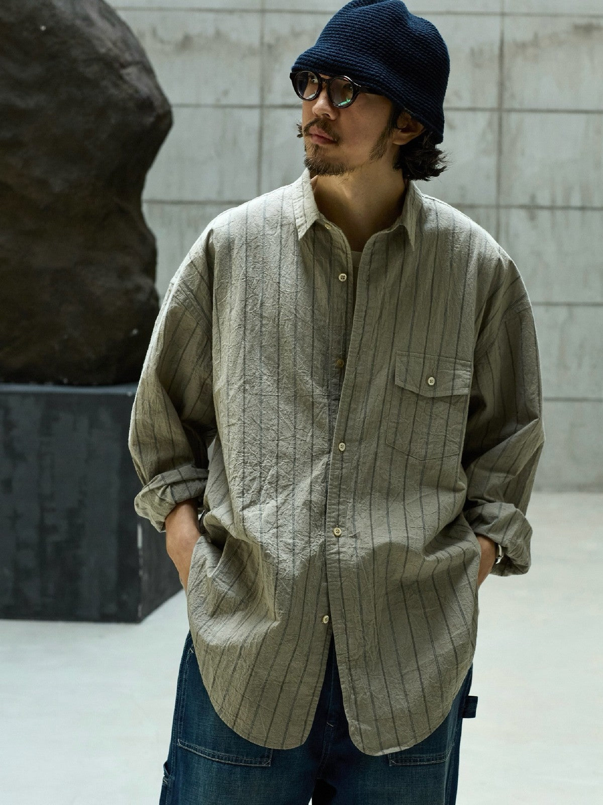 USAGE Crinkled Cotton Striped Button Down in Beige - On Male Model