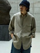 USAGE Crinkled Cotton Striped Button Down in Beige - On Male Model
