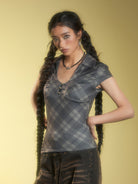 BEERBRO Plaid V Neck Collared Top in Gray - On Female Model