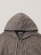 SMFK Distressed Washed Cotton Zip Up Hoodie in Dark Gray - Detail