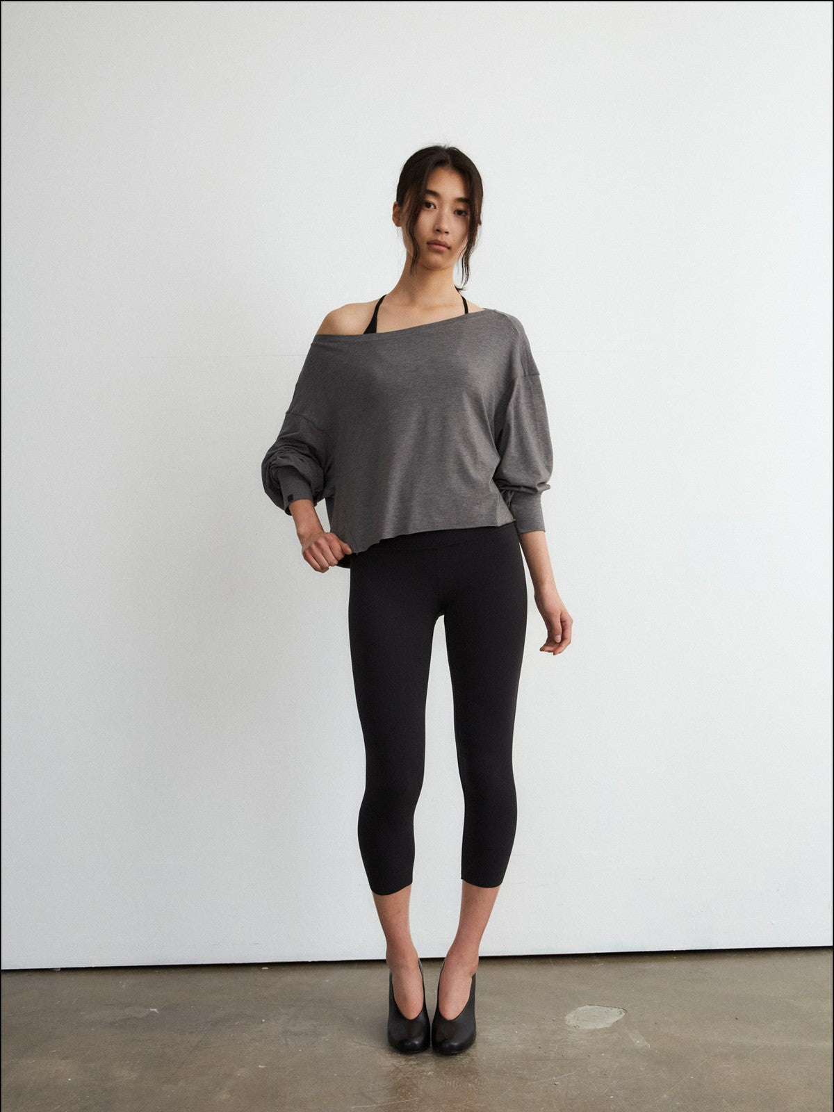 FaxCopyExpress Off Shoulder Overlay Sweatshirt in Gray - On Female Model
