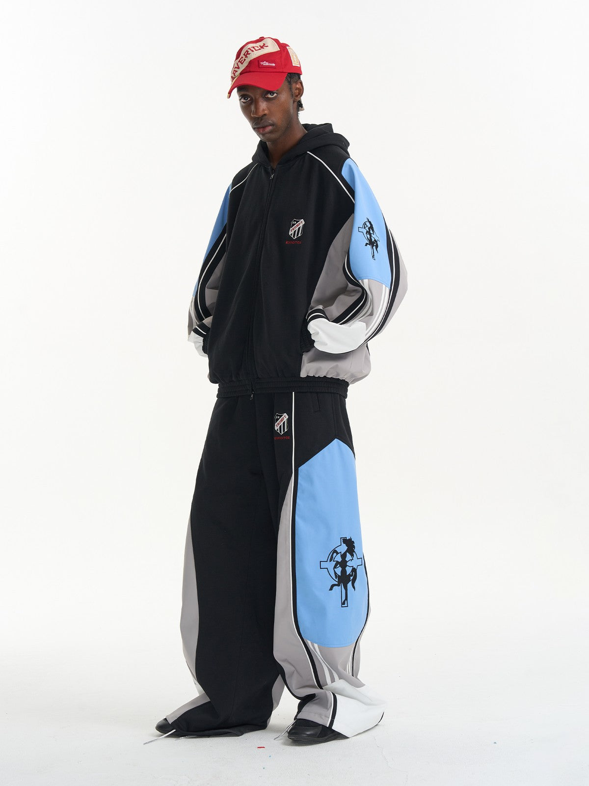 BLINDNOPLAN Color Block Paneled Wide Leg Pants in Black - On Male Model