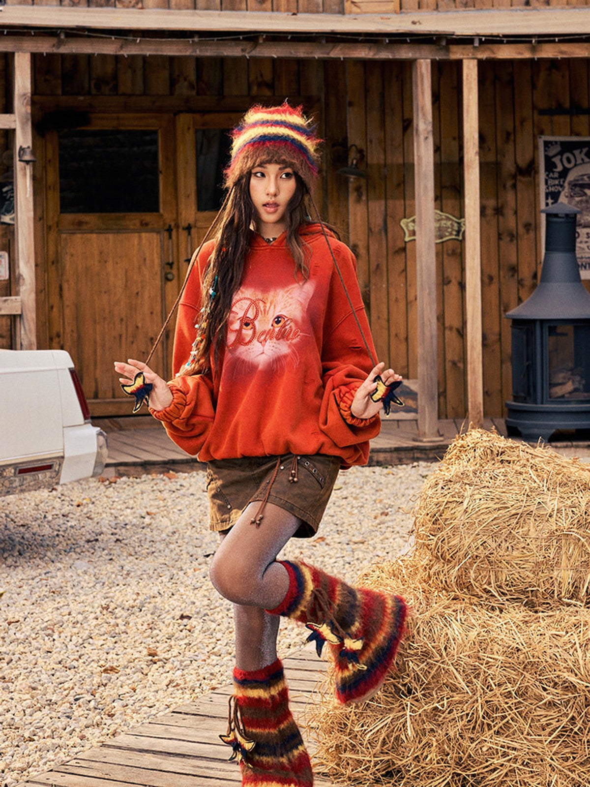 BEERBRO Distressed Cat Graphic Hoodie in Orange - On Female Model