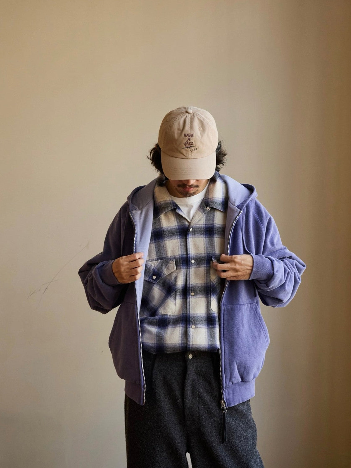 USAGE Vintage Washed Double Layer Zip Hoodie in Purple - On Male Model