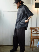 USAGE Cotton Crinkle Short Sleeve Shirt in Navy Blue - On Male Model