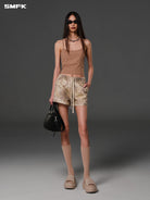 SMFK Cotton Blend Cargo Shorts in Beige - On Female Model