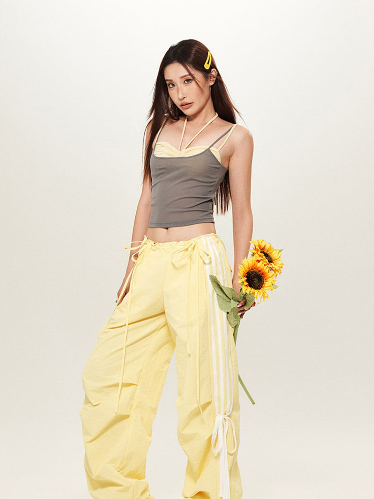 BEERBRO Drawstring Wide Leg Parachute Pants in Yellow - On Female Model