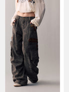 BeerBro Leopard Print Spliced Cargo Pants in Coffee - On Female Model