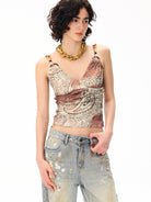 BEERBRO Beaded Strap Printed Camisole in Khaki - On Female Model