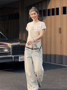 BEERBRO Embroidered Tencel Cinched Tee in Cream - On Female Model