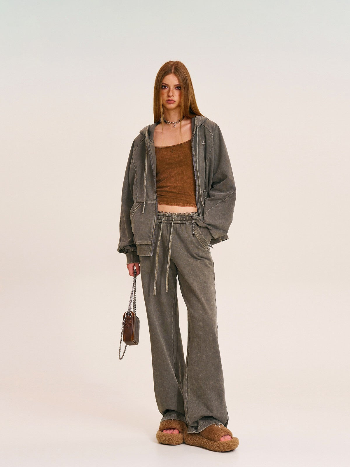 SMFK Washed Cotton Zip Up Hoodie in Dark Gray - On Female Model