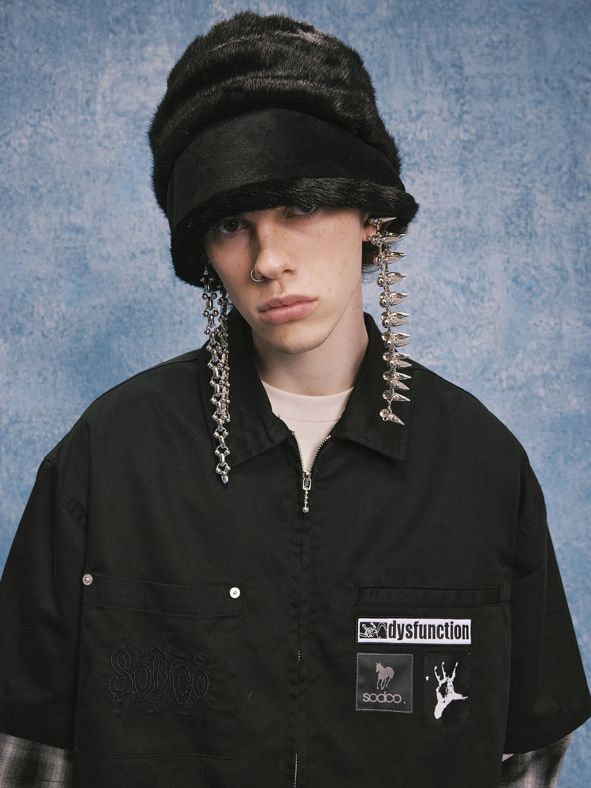 SOD Layered Sleeve Zip Up Shirt Jacket in Black - On Male Model