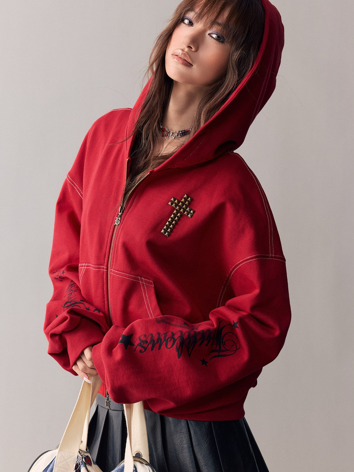 BEERBRO Studded Cross Zip Up Hoodie in Red - On Female Model