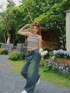 BeerBro Vintage Wash Straight Leg Jeans in Blue - On Female Model