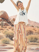 BEERBRO Washed Cotton Striped Cargo Pants in Pink - On Female Model