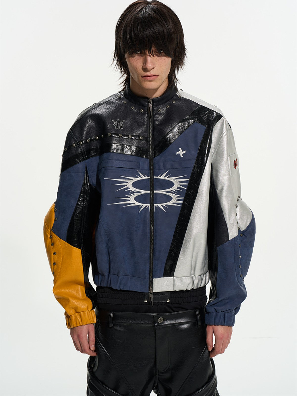 BLINDNOPLAN Color Blocked Faux Leather Biker Jacket in Black - On Male Model